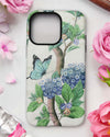 white luxury chinoiserie phone case featuring blue vintage inspired butterfly and flowers