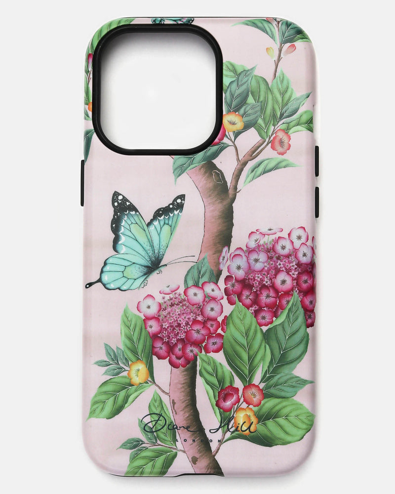 pink luxury chinoiserie phone case featuring colourful vintage inspired butterfly and flowers