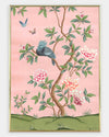 framed pink and green botanical chinoiserie wall art print with flowers and birds in Chinese painting style