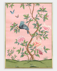 framed pink and green botanical chinoiserie wall art print with flowers and birds in Chinese painting style