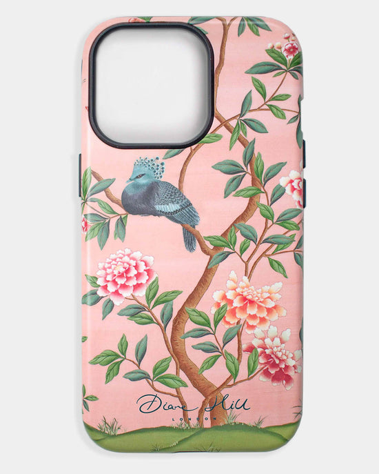 pink luxury phonecase with chinoiserie style bird and white flowers