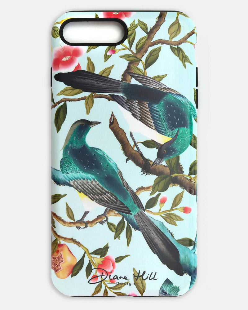 blue luxury chinoiserie phone case featuring two colourful vintage inspired birds on fruit and flower branches