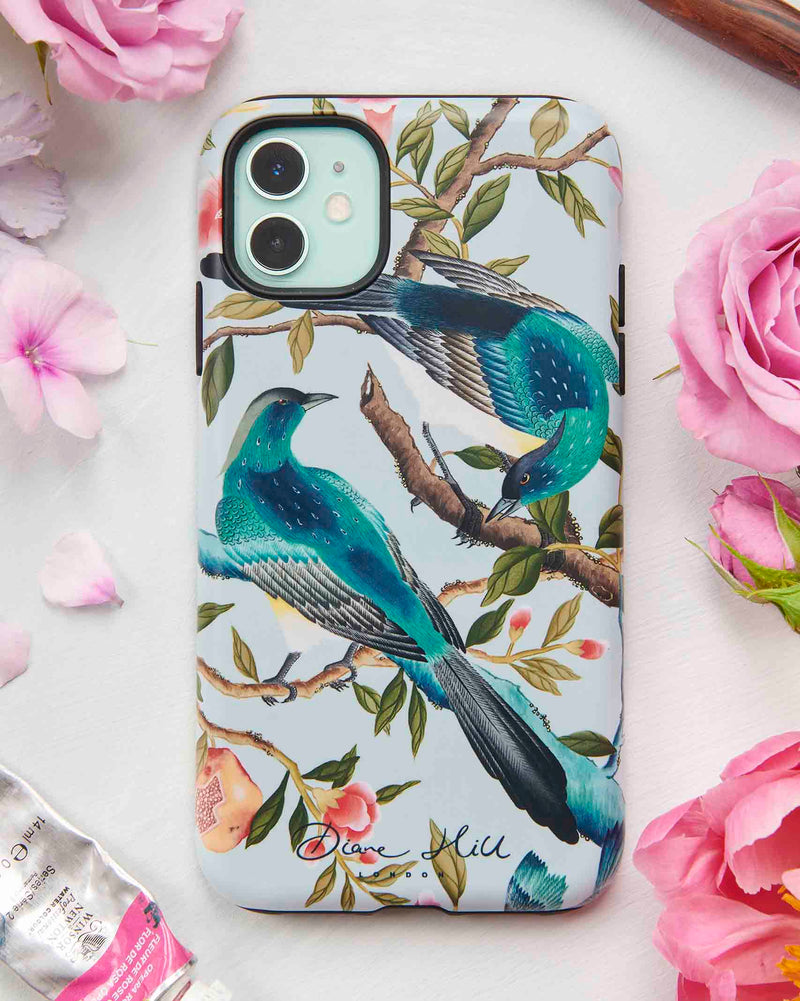 blue luxury chinoiserie phone case featuring two colourful vintage inspired birds on fruit and flower branches