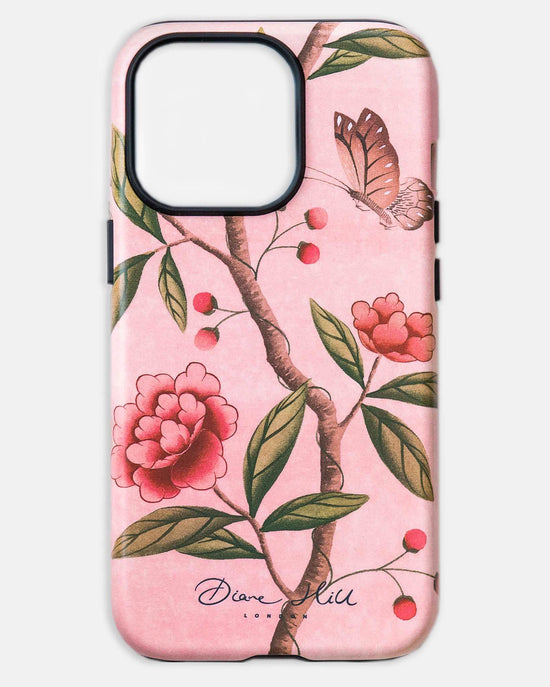 pink luxury phone case featuring vintage style butterfly and flower branch