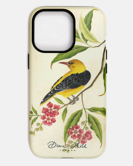 Luxury phone case featuring vintage style botanical bird on tree branch with flowers