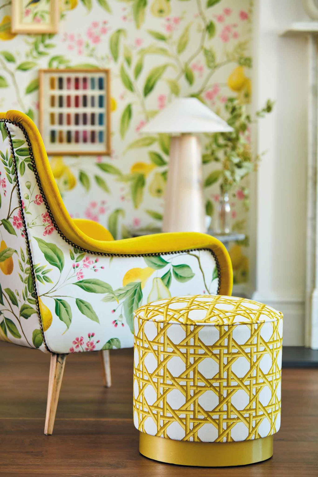 Marie fabric yellow pears painted in chinoiserie style with wallpaper to match