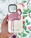 hand holding Luxury phone case featuring vintage style botanical pink flamingo