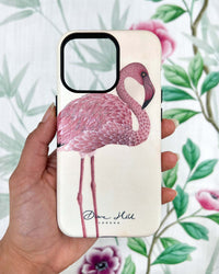 hand holding Luxury phone case featuring vintage style botanical pink flamingo