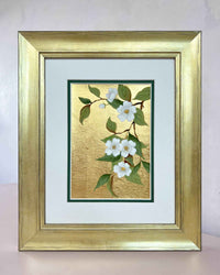 framed botanical chinoiserie painting on gold leaf paper featuring white flowers on a branch