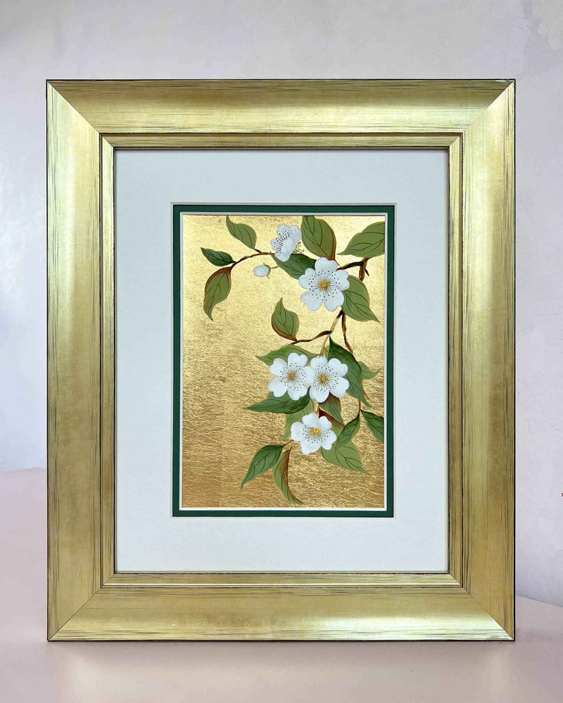 Diane Hill's original luxury gold leaf nature floral white green vintage chinoiserie painting watercolour painting gouache painting watercolor gouache Chinese painting style botanical painting original artwork collectable art