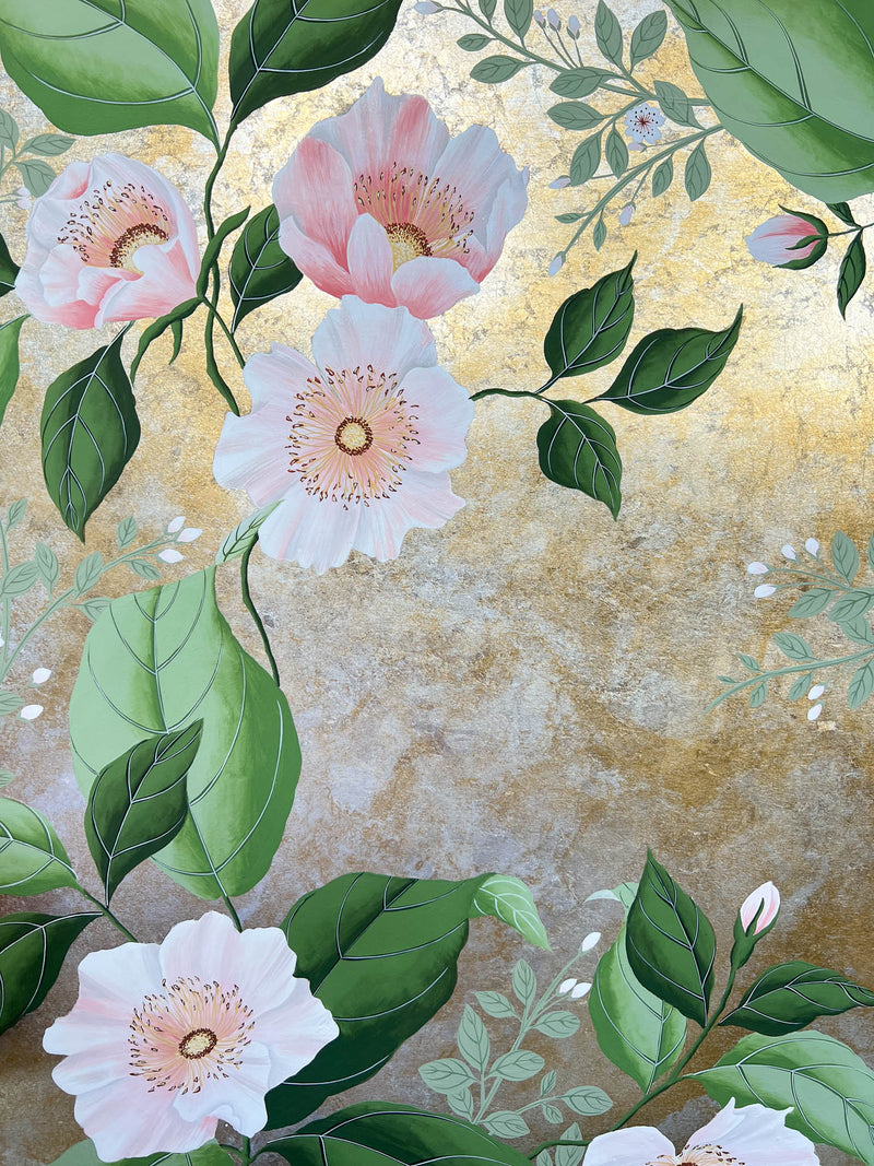 Close-up of the flowers and leaves in Diane Hill's original chinoiserie painting 'Mottled Lush Blooms And Butterflies (A)' 