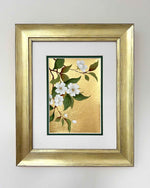 Diane Hill's original chinoiserie painting 'Gold White Flora (A)' in a gold frame on a plain white background