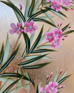Close-up of the detailing on the foliage and flowers featured in Diane Hill's original chinoiserie painting 'Gold And Pink Blooming Oleander (A)'
