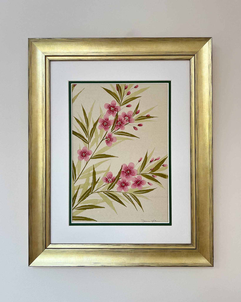 Diane Hill's original chinoiserie painting 'Soft Blooming Oleander' in a gold frame on a plain white background