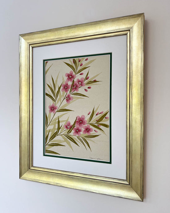 Diane Hill's original chinoiserie painting 'Soft Blooming Oleander' in a gold frame on a plain white background