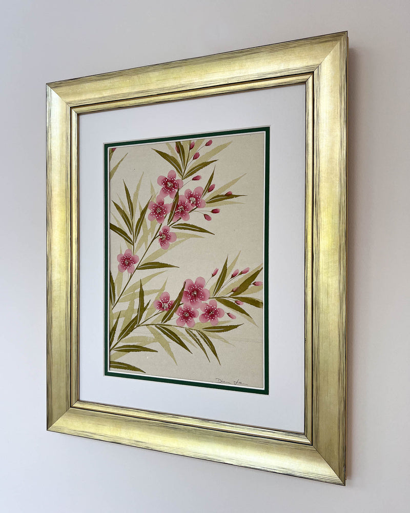 Diane Hill's original chinoiserie painting 'Soft Blooming Oleander' in a gold frame on a plain white background