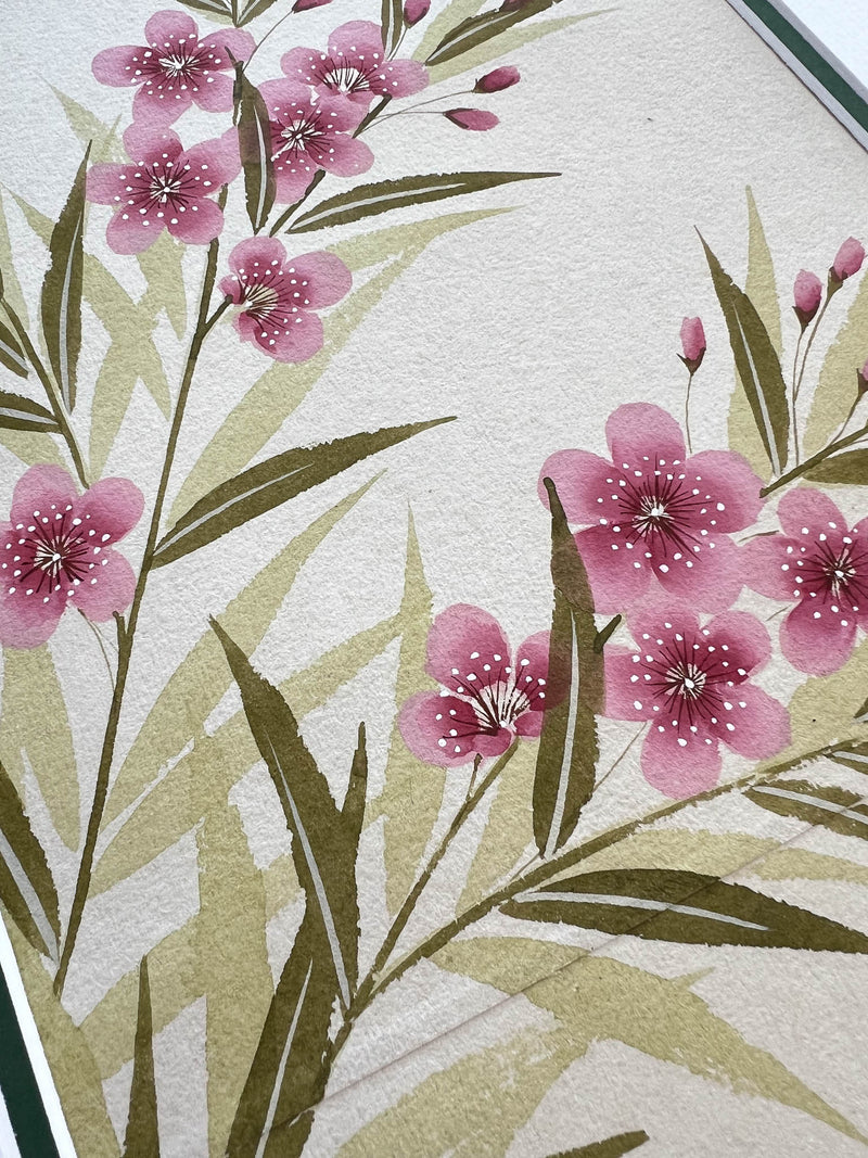 Close-up of the detailing on the foliage and flowers featured in Diane Hill's original chinoiserie painting 'Soft Blooming Oleander'