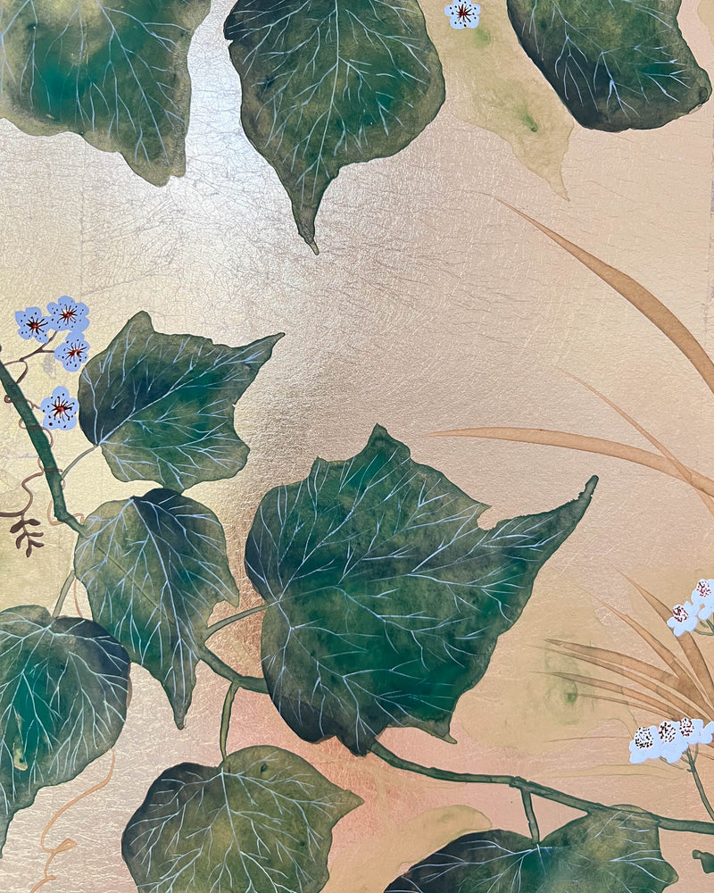 Close-up of Diane Hill's original luxury gold leaf nature green vintage chinoiserie painting watercolour painting gouache painting watercolor gouache Chinese painting style botanical painting original artwork collectable art