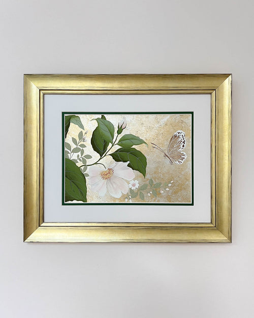 Diane Hill's original chinoiserie painting 'Mottled Dog Rose And Butterfly' in a gold frame on a plain white background