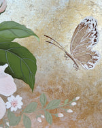 Close up of the detailing on the butterfly featured in Diane Hill's original chinoiserie painting 'Mottled Dog Rose And Butterfly'