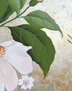 Close up of the detailing on the leaves and flower featured in Diane Hill's original chinoiserie painting 'Mottled Dog Rose And Butterfly'