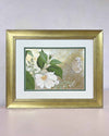 Diane Hill's original chinoiserie painting 'Mottled Dog Rose And Butterfly' in a gold frame on a plain white background