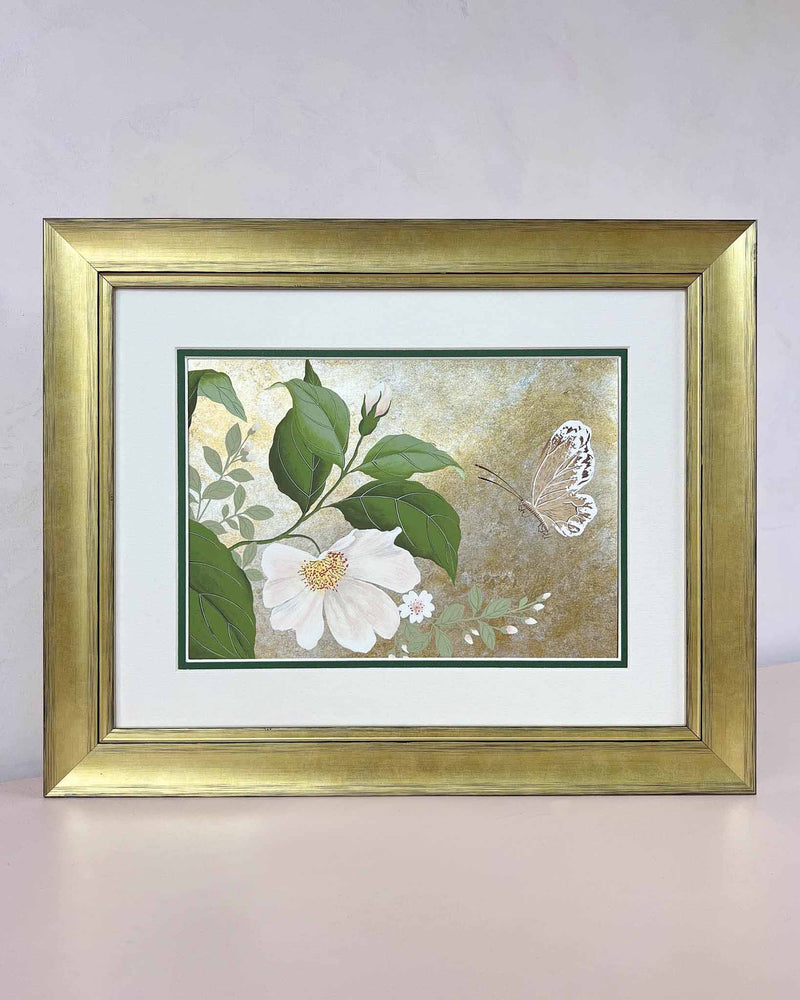 Diane Hill's original chinoiserie painting 'Mottled Dog Rose And Butterfly' in a gold frame on a plain white background