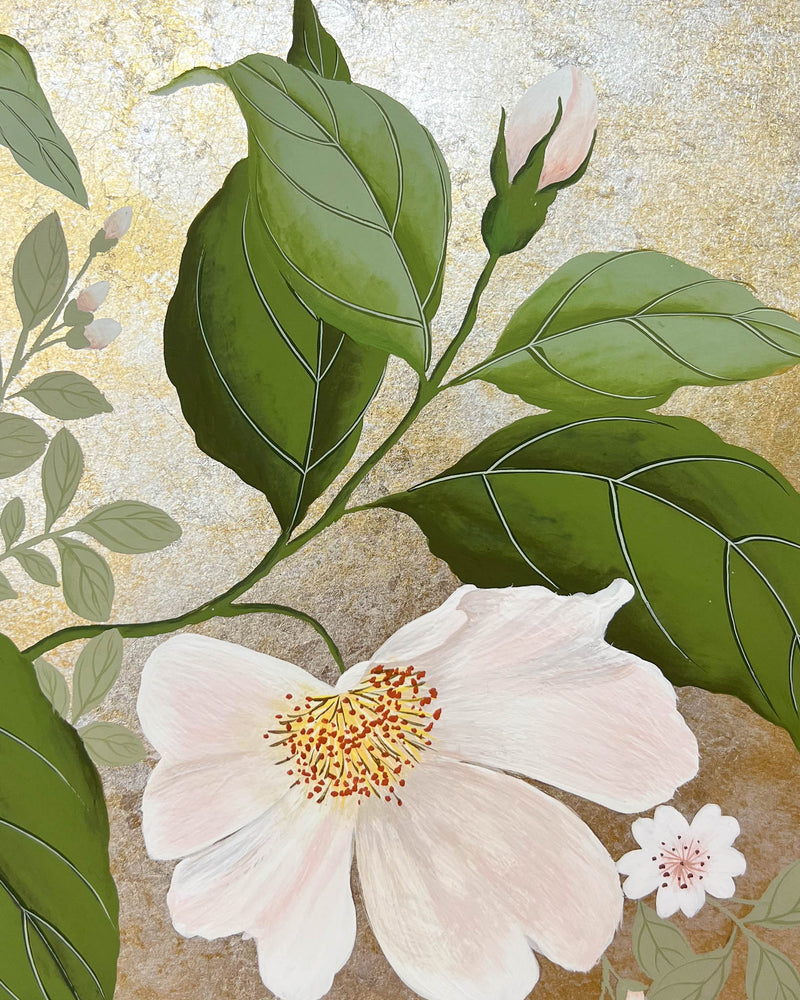 Close up of the detailing on the leaves and flower featured in Diane Hill's original chinoiserie painting 'Mottled Dog Rose And Butterfly' 