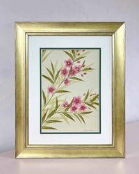 Diane Hill's original chinoiserie painting 'Soft Blooming Oleander' in a gold frame on a plain white background