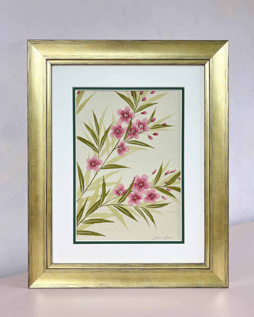 Diane Hill's original chinoiserie painting 'Soft Blooming Oleander' in a gold frame on a plain white background