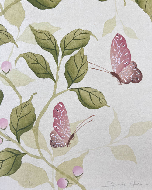 Close-up of the detailing on the foliage and butterflies featured in Diane Hill's original chinoiserie painting 'Wild Garden'