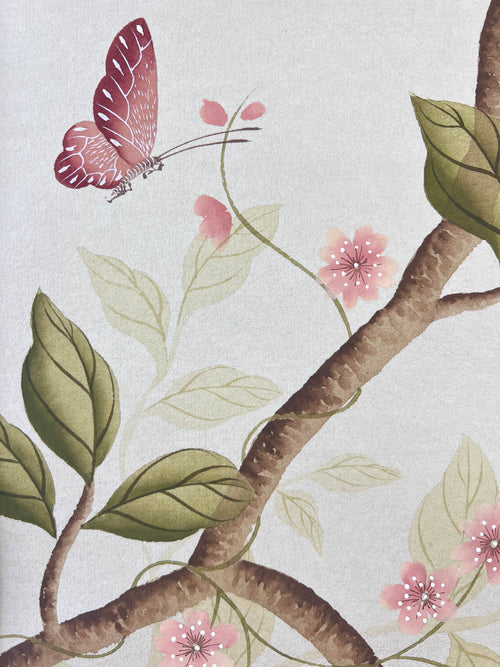 Close-up of the detailing on the butterfly, foliage and flowers featured in Diane Hill's original chinoiserie painting 'Twining Daisies'