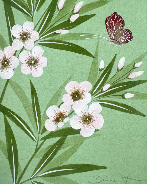 Close up of the detailing on the flowers and butterfly featured in Diane Hill's original chinoiserie painting 'Oleander Emerald'