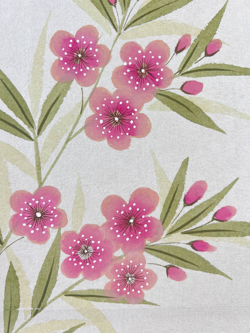 Close up of the detailing and texture on the leaves and flowers featured in Diane Hill's original chinoiserie painting 'Oleander Pink'