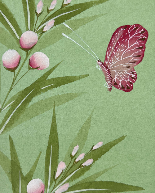 Close up of the detailing on the flowers and butterfly featured in Diane Hill's original chinoiserie painting 'Emerald Butterfly and Flower Buds'