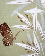 Close up of the detailing on the bamboo leaves and butterfly featured in Diane Hill's original chinoiserie painting 'Green Butterfly And Bamboo'