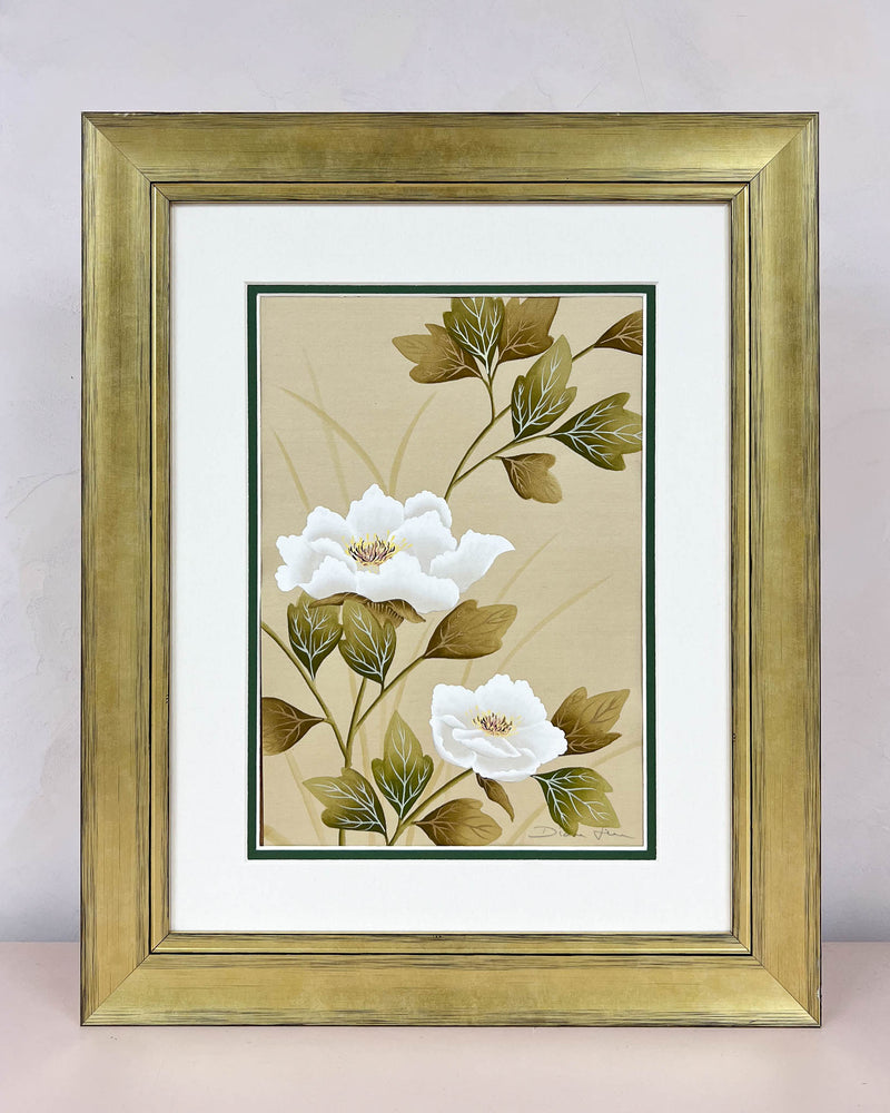 framed gongbi style chinoiserie painting featuring white roses and leaves