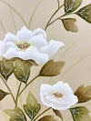 close up of framed gongbi style chinoiserie painting featuring white roses and leaves