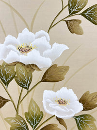 close up of framed gongbi style chinoiserie painting featuring white roses and leaves