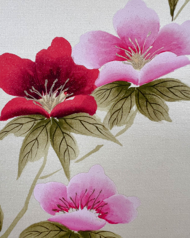Close-up of the detailing on the flowers featured in Diane Hill's original chinoiserie painting 'Rouge Roses Mini'