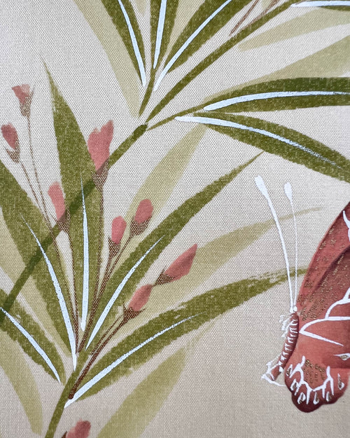 Close-up of the detailing on the butterfly and foliage featured in Diane Hill's original chinoiserie painting 'Blush Bamboo'