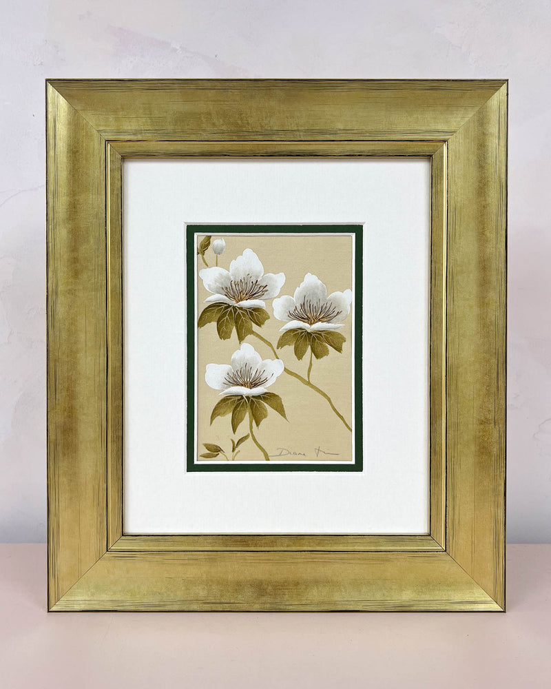 Diane Hill's original chinoiserie painting 'Tonal Roses' in a gold frame on a plain white background