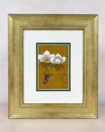 Diane Hill's original chinoiserie painting 'Umber Garden (A)' in a gold frame on a plain white background