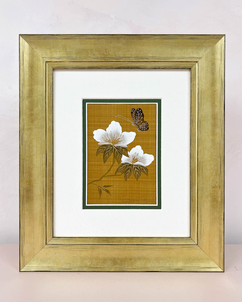 Diane Hill's original chinoiserie painting 'Umber Garden (B)' in a gold frame on a plain white background