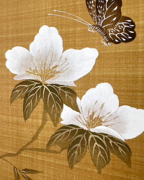 Close-up of the detailing on the butterfly and flowers featured in Diane Hill's original chinoiserie painting 'Umber Garden (B)'
