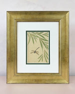 Diane Hill's original chinoiserie painting 'Dragonfly And Foliage (B)' in a gold frame on a plain white background