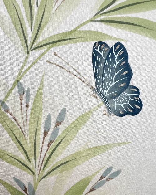 Close-up of the detailing on the butterfly and foliage featured in Diane Hill's original chinoiserie painting 'Blue Bamboo (A)'