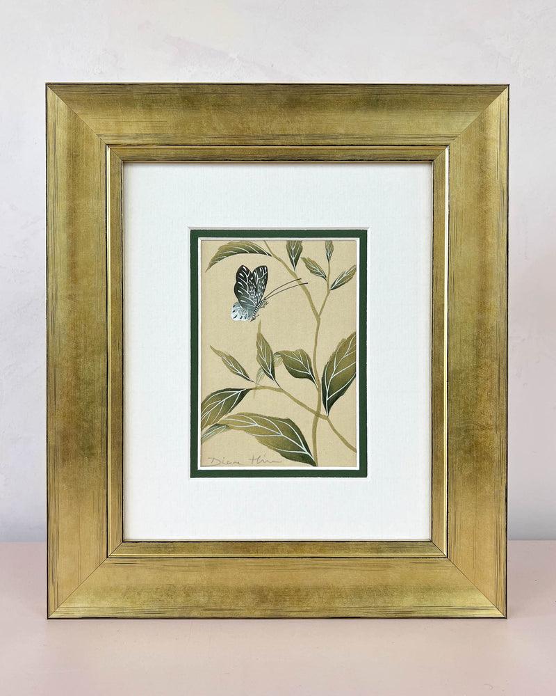 Diane Hill's original chinoiserie painting 'Tranquil Garden (A)' in a gold frame on a plain white background