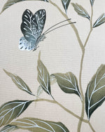 Close-up of the detailing on the butterfly and leaves featured in Diane Hill's original chinoiserie painting 'Tranquil Garden (A)'