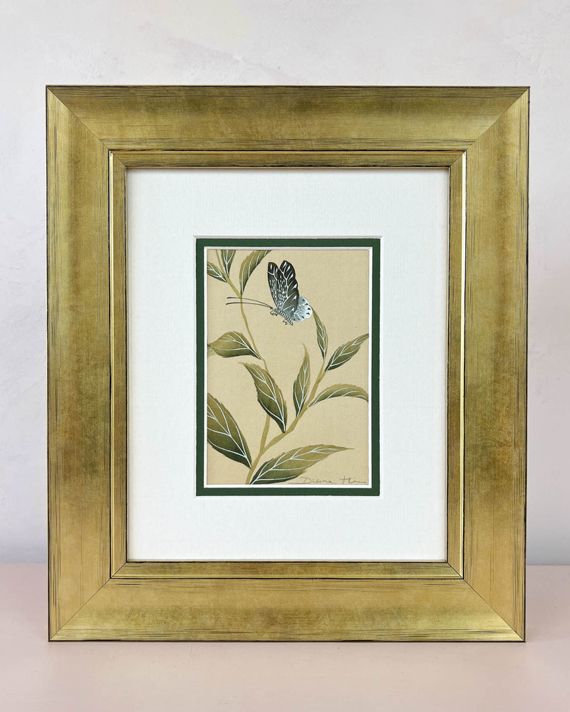Diane Hill's original chinoiserie painting 'Tranquil Garden (B)' in a gold frame on a plain white background